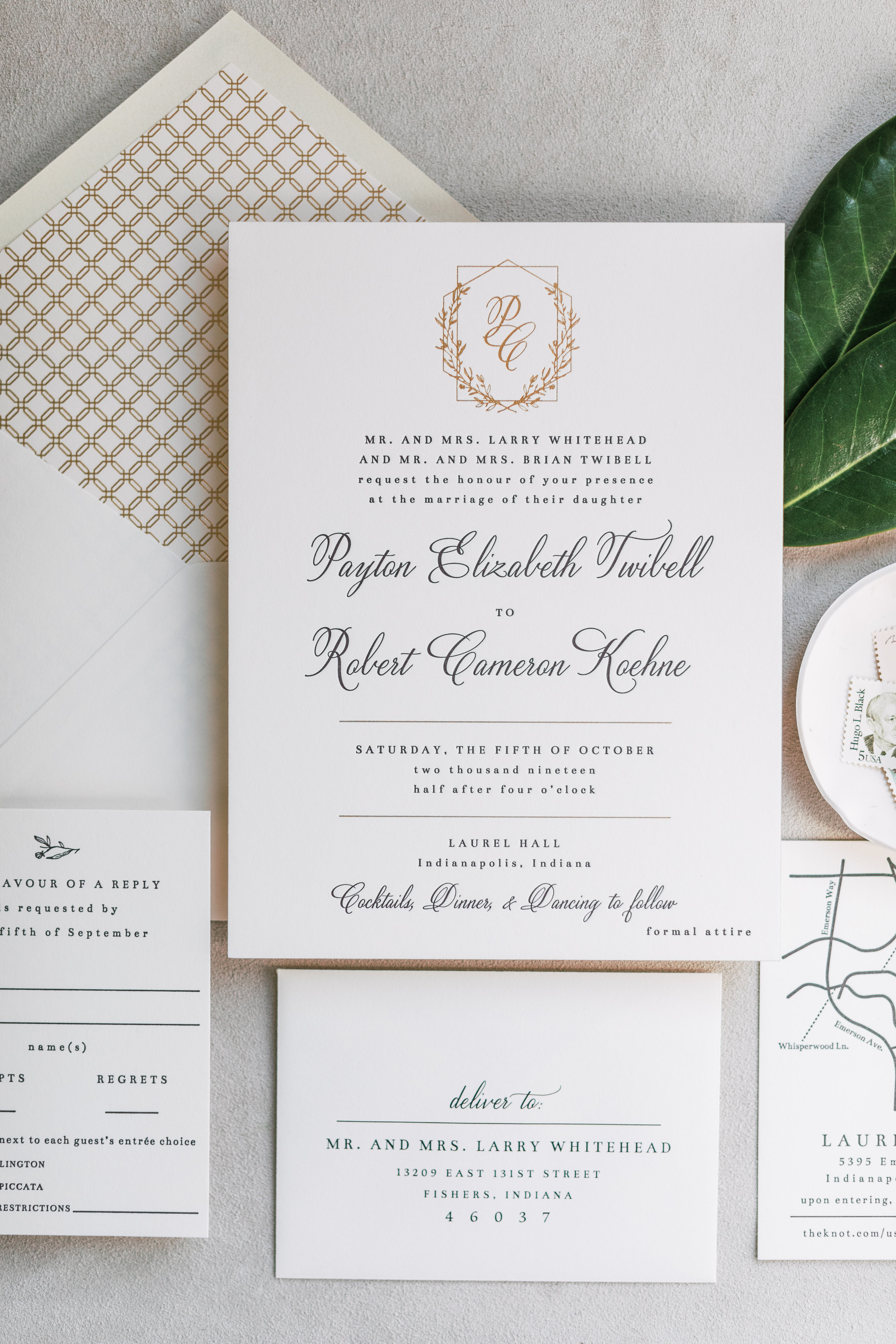 Classic, white and gold wedding stationery suite designed by Oliver's Twist in Carmel, Indiana.